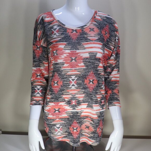 Almost Famous Tops - Southwestern Aztec Lightweight 3/4 Sleeve Knit Blouse, Size Large